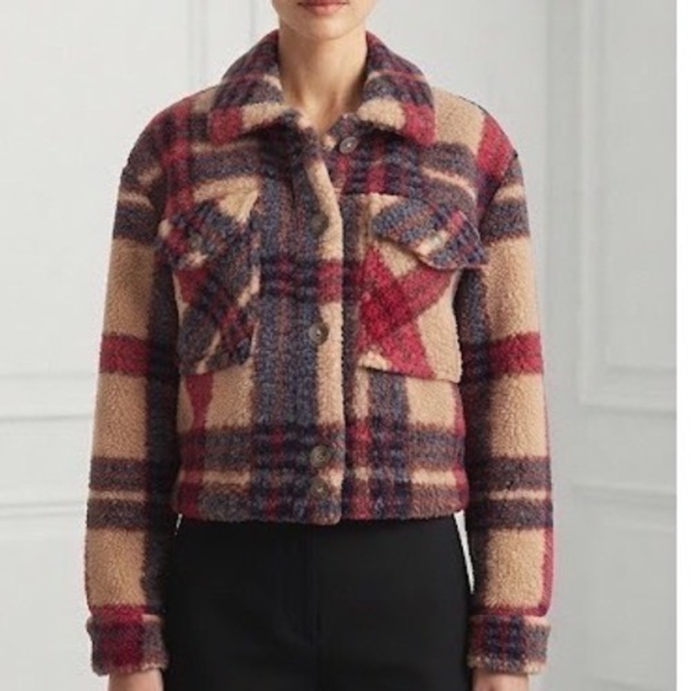 L*Space Big Sur Jacket Womens XS Red Plaid Sherpa Fleece Cropped Shacket Boho